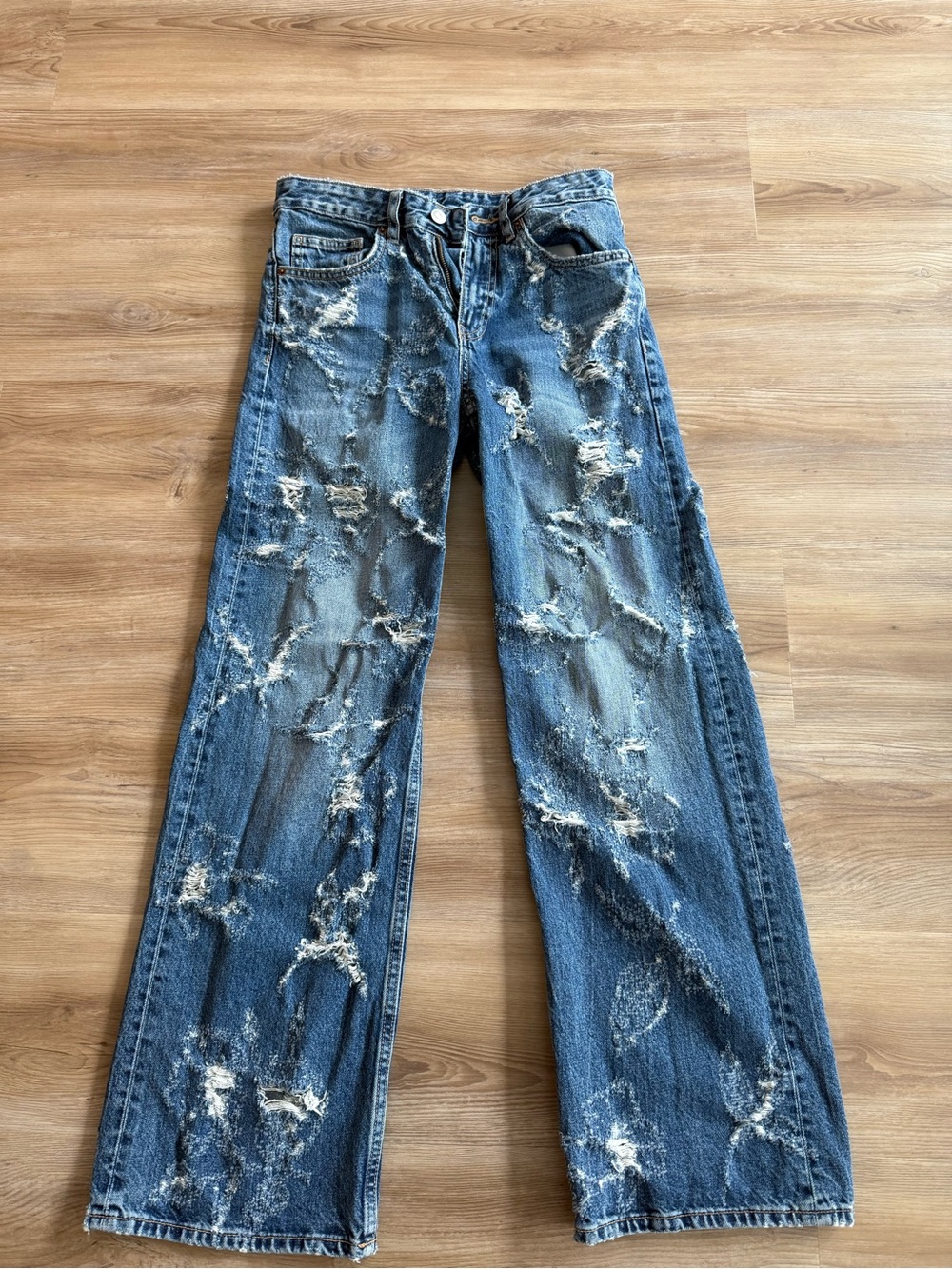 Zara Distressed Straight-Leg Jeans in Medium Blue